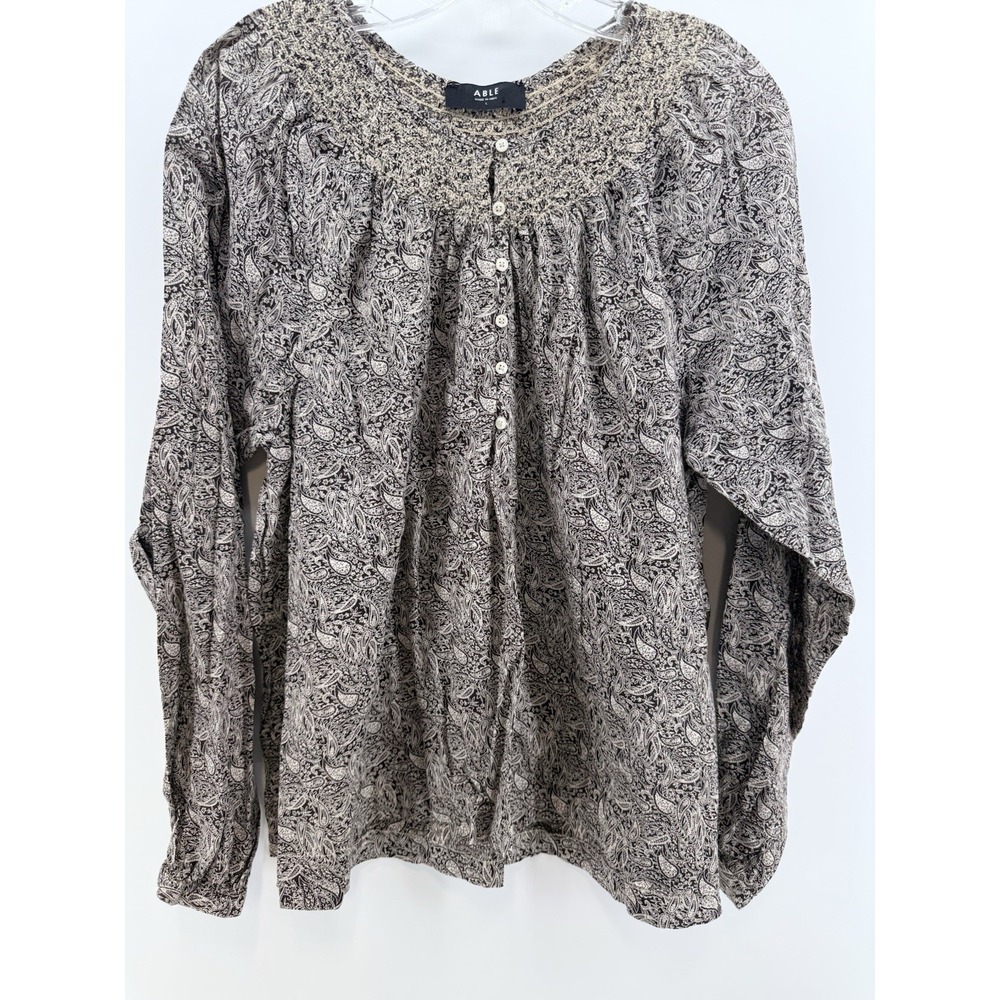Able Women's Large Black PaisleyFloral Blouse Long Sleeve Quarter Button Smocked